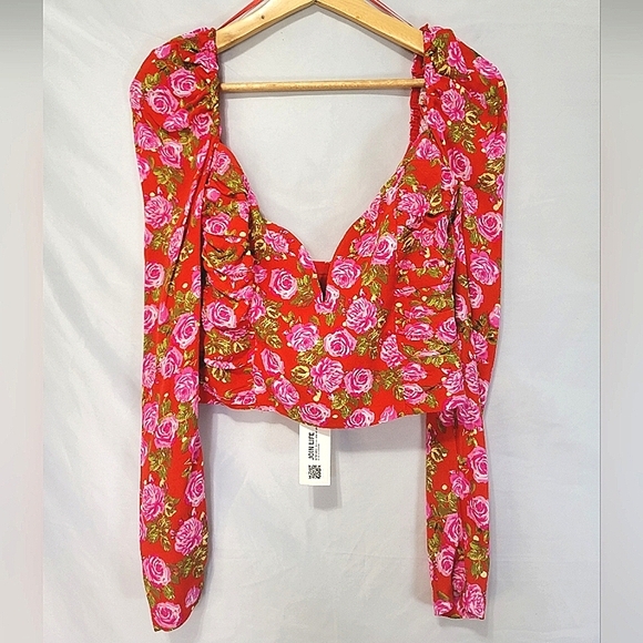 Zara Rose Print Red Crop Corset Sweatheart Cottagecore Whimsical Romantic Top - Picture 3 of 12